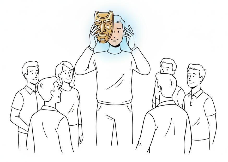 Authentisch führen: Ein Leader legt die Maske der Perfektion ab und gewinnt Vertrauen.