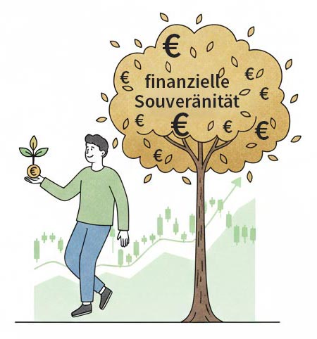 Finanzieller Minimalismus Schaubild: Ein Mensch in Richtung finanzielle Freiheit und Chart-Wachstum.