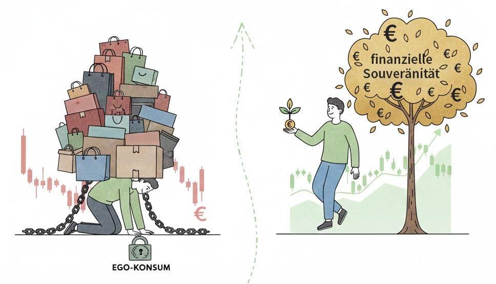 Finanzieller-Minimalismus-Weg-zur-Freiheit Finanzieller Minimalismus Schaubild: Ein Mensch lässt schwere Pakete mit Statussymbolen fallen und schwebt leicht nach oben in Richtung finanzielle Freiheit und Chart-Wachstum.