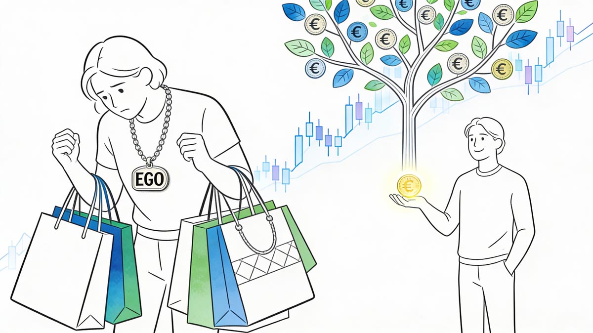 Finanzieller-Minimalismus-in-Freiheit-sein Finanzieller Minimalismus Schaubild: Ein Mensch lässt schwere Pakete mit Statussymbolen fallen und schwebt leicht nach oben in Richtung finanzielle Freiheit und Chart-Wachstum.