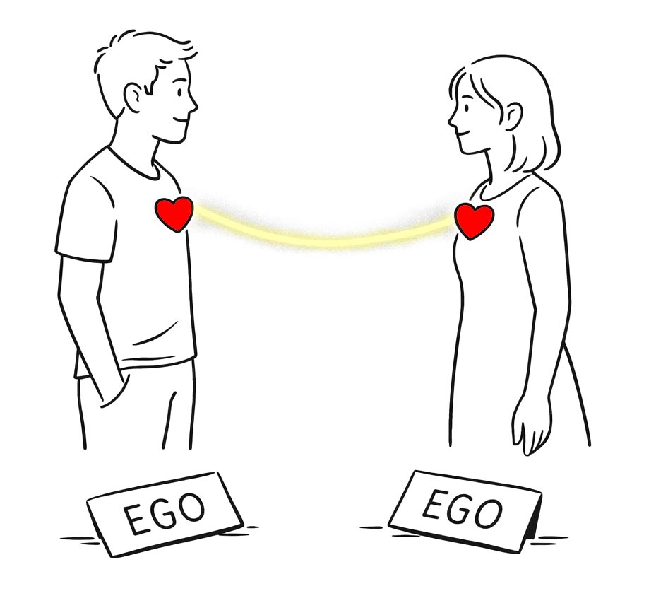 Strichzeichnung: Liebe ohne Ego. Ein Mann und eine Frau - ein Paar - stehen sich in Liebe gegenüber