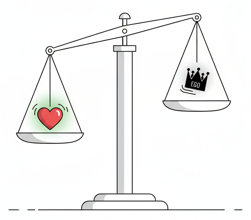 Minimalistische Strichzeichnung einer Waage: Ein rotes Herz wiegt schwerer als eine schwarze Krone. Die Grafik illustriert das psychologische Dilemma Recht haben oder glücklich sein in einer bewussten Partnerschaft.