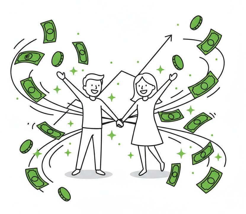 Psychologie des Geldes: Glückliche Menschen in einem positiven Geldfluss, die Wohlstand und Fülle-Bewusstsein ausstrahlen.