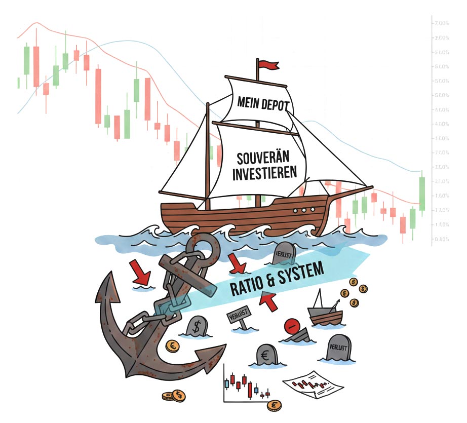 Sunk Cost Fallacy an der Börse: Eine Strichzeichnung eines Schiffs, das von einem schweren Anker am Meeresgrund festgehalten wird. Im Hintergrund ist ein Börsen-Chart mit roten Kerzen und Euro-Symbolen zu sehen, die den Verlust symbolisieren.