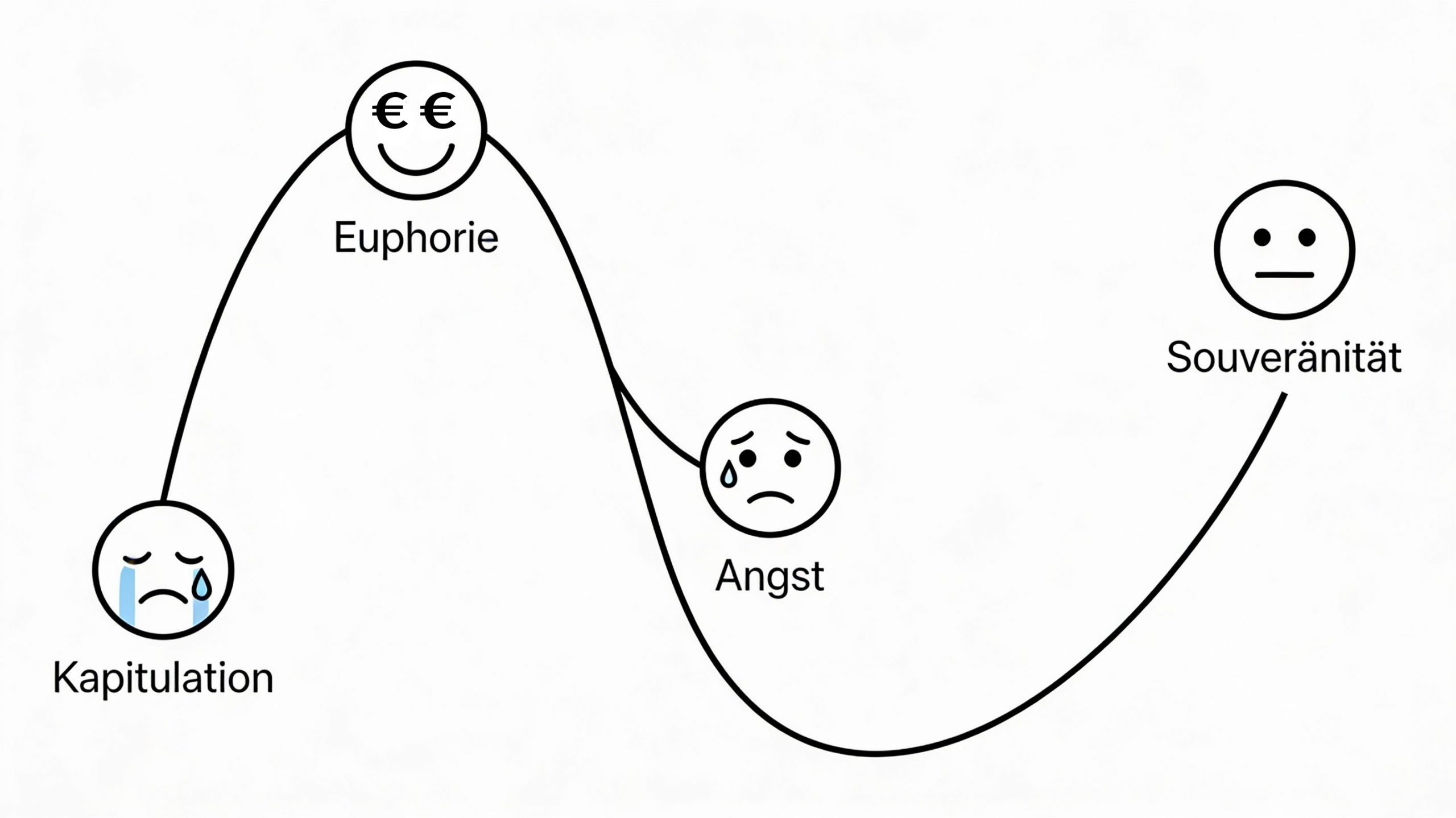 Souverän investieren: Eine vereinfachte Kurve der Marktpsychologie mit den vier Phasen Kapitulation, Euphorie, Angst und Souveränität.