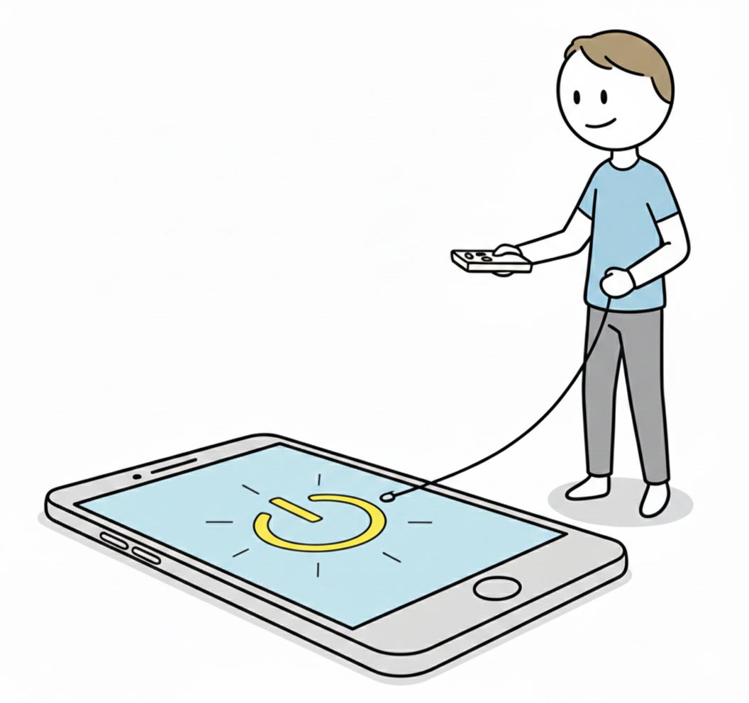 Minimalistische Strichzeichnung zu Digitale Souveränität: Eine Person bändigt ein Smartphone.