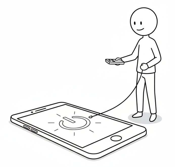 Minimalistische Strichzeichnung zu Digitale Souveränität: Eine Person bändigt ein Smartphone.