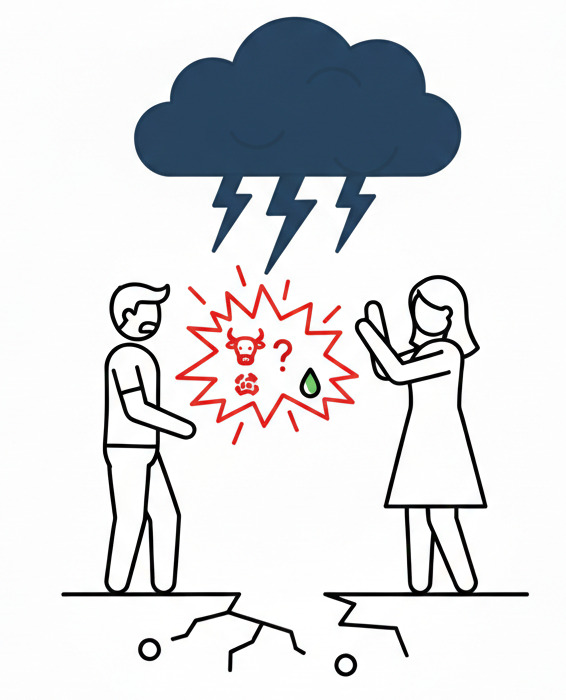 Eine minimalistische Strichzeichnung zeigt eine Person, deren Kopf in einer dunklen, stürmischen dunkelblauen Wolke mit roten Akzenten verschwindet. Die Grafik symbolisiert manipulative Rhetorik und den Ego-Machtkampf im Dilemma Recht haben oder glücklich sein.