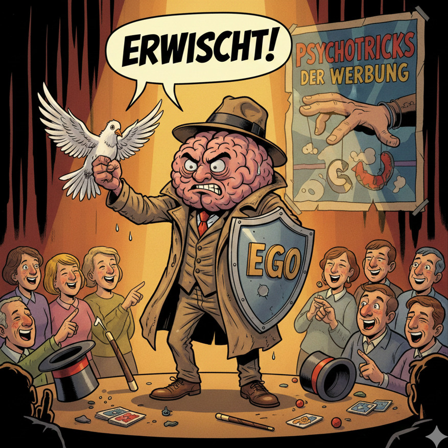 Illustration unseres Gehirn-Helden als Bodyguard mit Trenchcoat und EGO-Schild auf einer Showbühne. Er hat gerade die Psychotricks der Werbung entlarvt, hält eine weiße Taube fest und sieht dabei sehr „ertappt“ aus. Im Hintergrund hängen Werbeplakate.