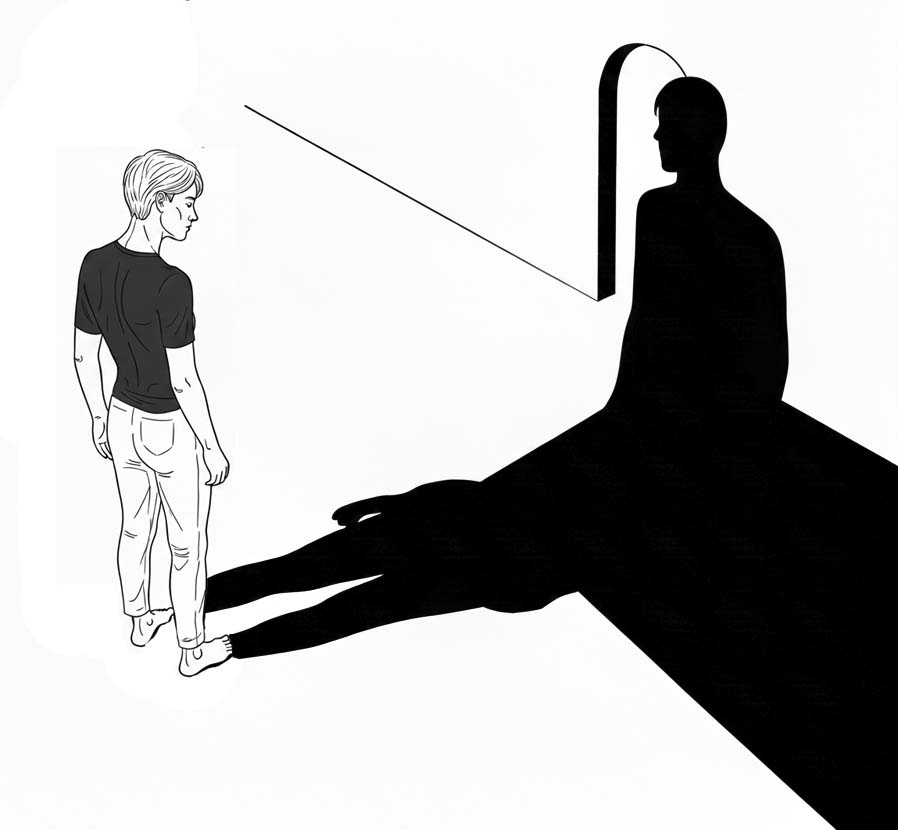 Ego verstehen. Zeichnung: Ein Mann möchte durch einen Ausgang, aber sein Ego versperrt ihm den Weg.