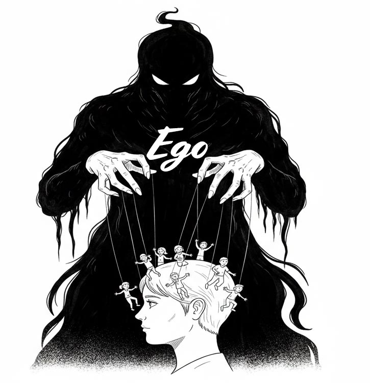 Ego verstehen: Eine Strichzeichnung zeigt das Ego als großen Schatten, der wie ein Puppenspieler die Fäden zieht.