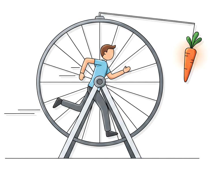 Eine minimalistische Strichzeichnung eines Mannes in einem Hamsterrad, der einer Karotte hinterherläuft. Die Karotte leuchtet dezent orange und symbolisiert äußere Anreize. Die Illustration verdeutlicht das Konzept der hedonistische Tretmühle im Kontrast zur finanzielle Souveränität.