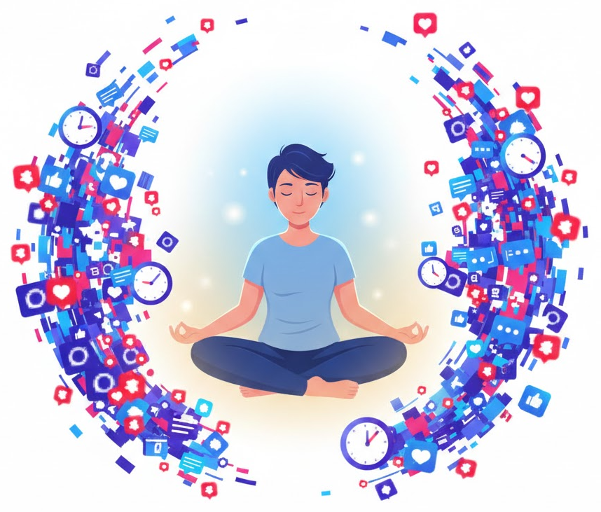 Eine Person sitzt gelassen mit geschlossenen Augen (JOMO), während im Hintergrund verschwommene, hektische bunte Symbole von Social Media und Nachrichten vorbeiziehen. So kannst du FOMO überwinden