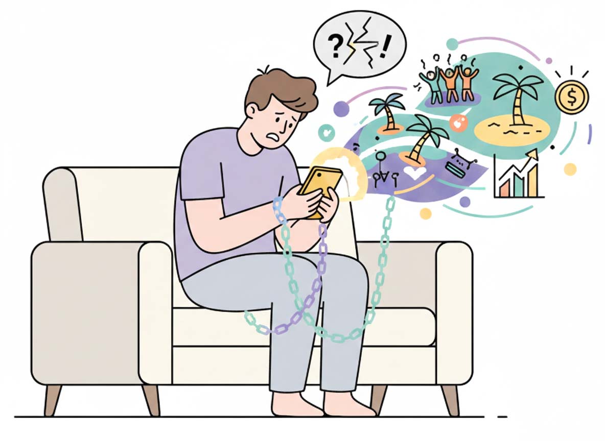 Strichzeichnung einer Person auf einem Sofa, die gestresst auf ihr Smartphone blickt. Fomo überwinden scheint für viele unmöglich realisierbar.