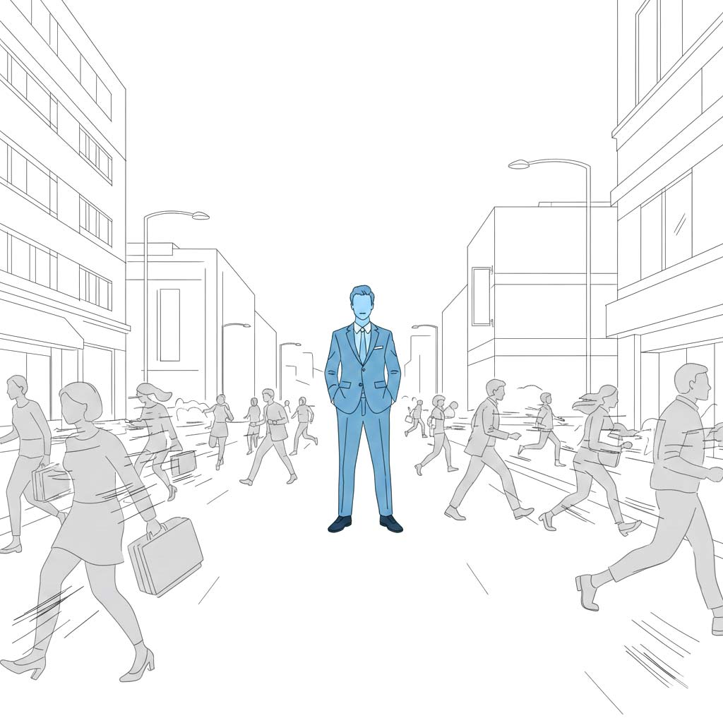 Minimalistische Strichzeichnung eines Mannes im Business-Anzug, der ruhig in einer hektischen Fußgängerzone steht und durch einen freien Raum der Stille Gelassenheit findet.