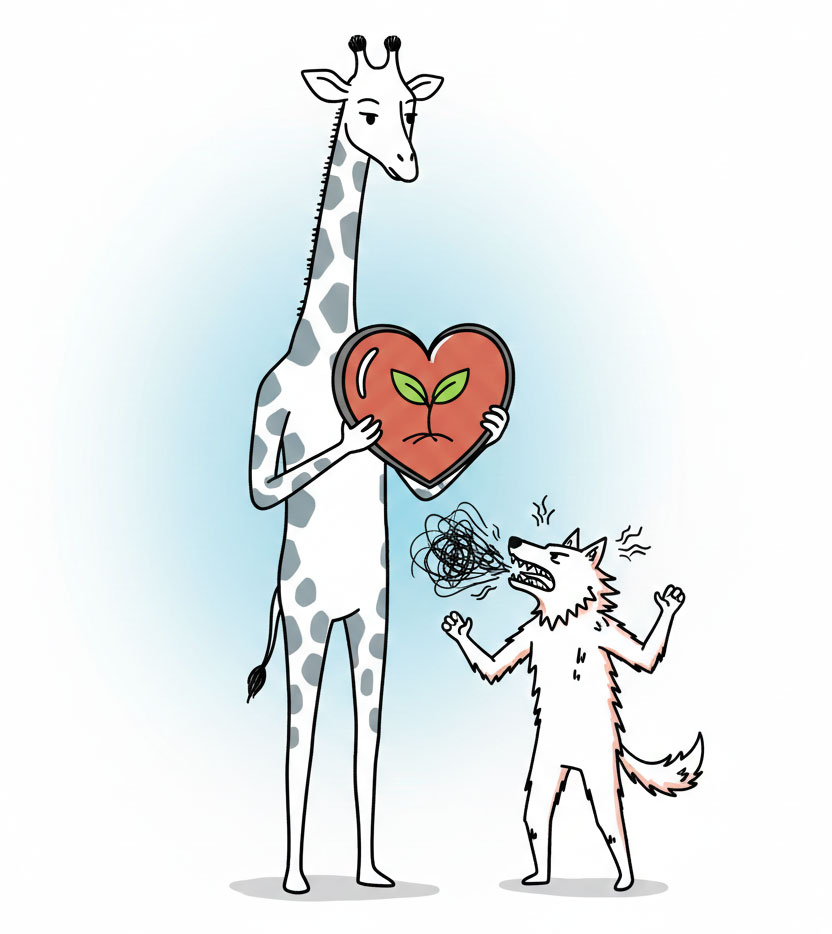 Minimalistische Grafik zur Gewaltfreien Kommunikation: Bedürfnisse hinter Vorwürfen erkennen.