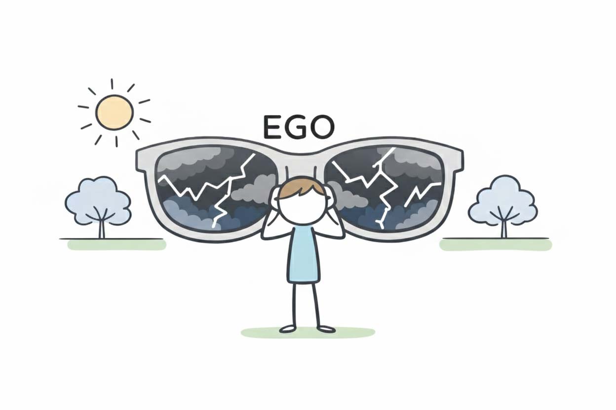 Strichzeichnung zu Glaubenssätze auflösen: Eine Person schaut duruch die Ego-Brille und sieht ihre eigene subjektive Realität