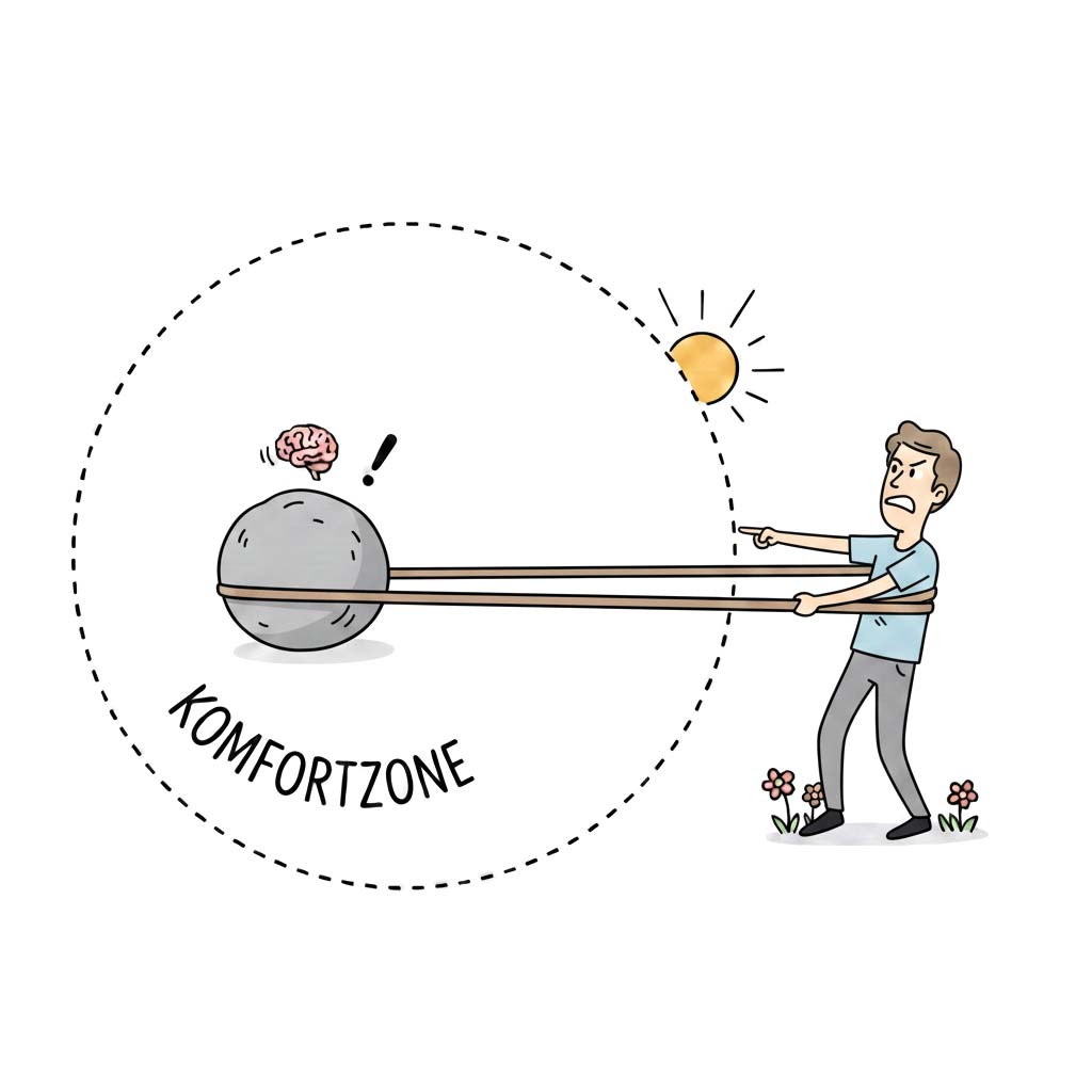 Glaubenssätze auflösen: Strichzeichnung einer Person, die aus der Komfortzone austritt aber immer noch am Gummiband hängt