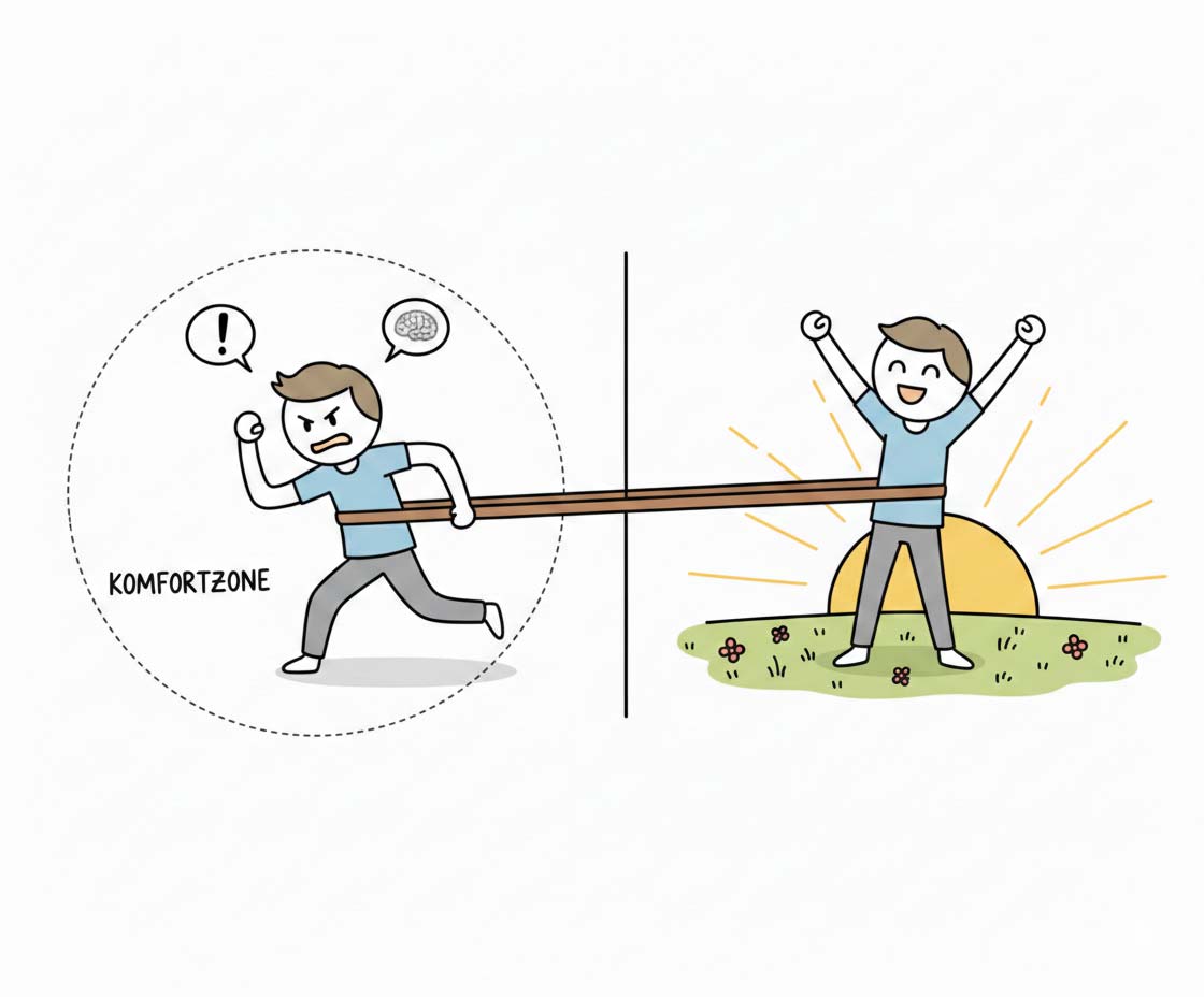 Glaubenssätze auflösen: Strichzeinung einer Person, die es schafft, sich aus der Komfortzone endgültig zu befreien