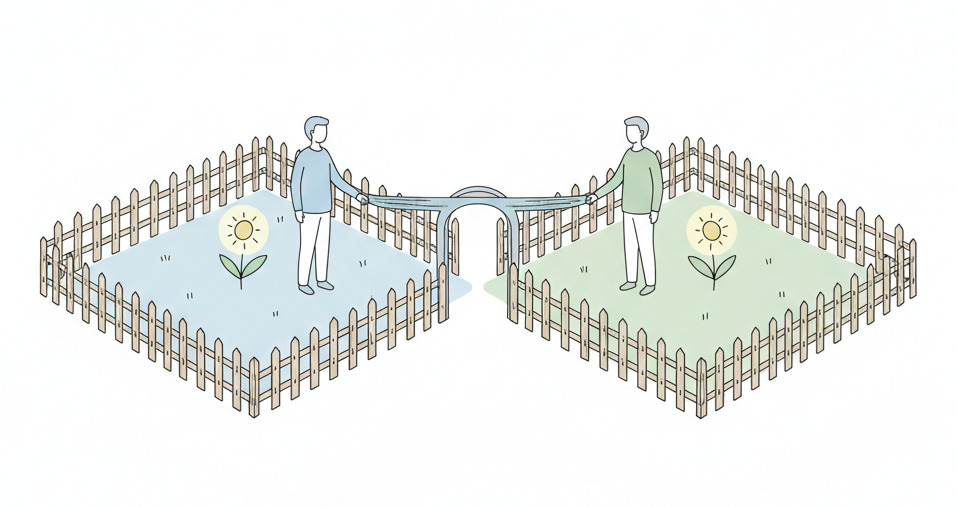 Eine minimalistische Strichzeichnung im Stile von Eckhart Tolle, die zwei Menschen zeigt, die durch bewusstes Grenzen setzen Beziehung ihre eigene Mitte wahren und so eine gesunde Verbindung schaffen.