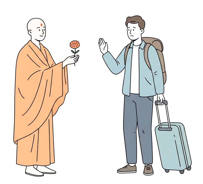 Eine minimalistische Strichzeichnung zeigt ein Mitglied der Hare-Krishna-Bewegung, das einem Reisenden eine Blume schenkt, um durch das Gesetz der Reziprozität eine psychologische Verpflichtung für eine Spende zu erzeugen.