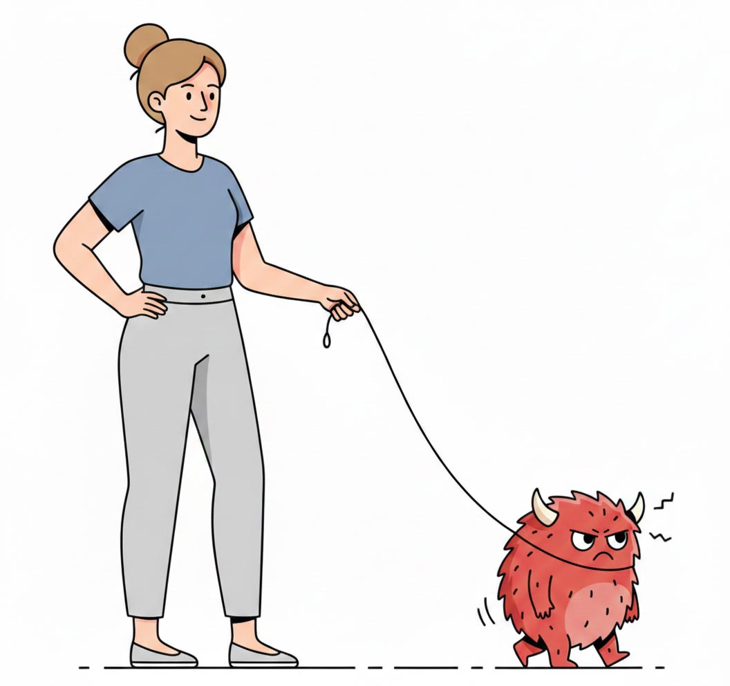 Strichzeichnung: Eine Person hält einem kleinen, schreienden Monster (dem inneren Kritiker) einen Spiegel vor. Thema: Innerer Kritiker entlarven.