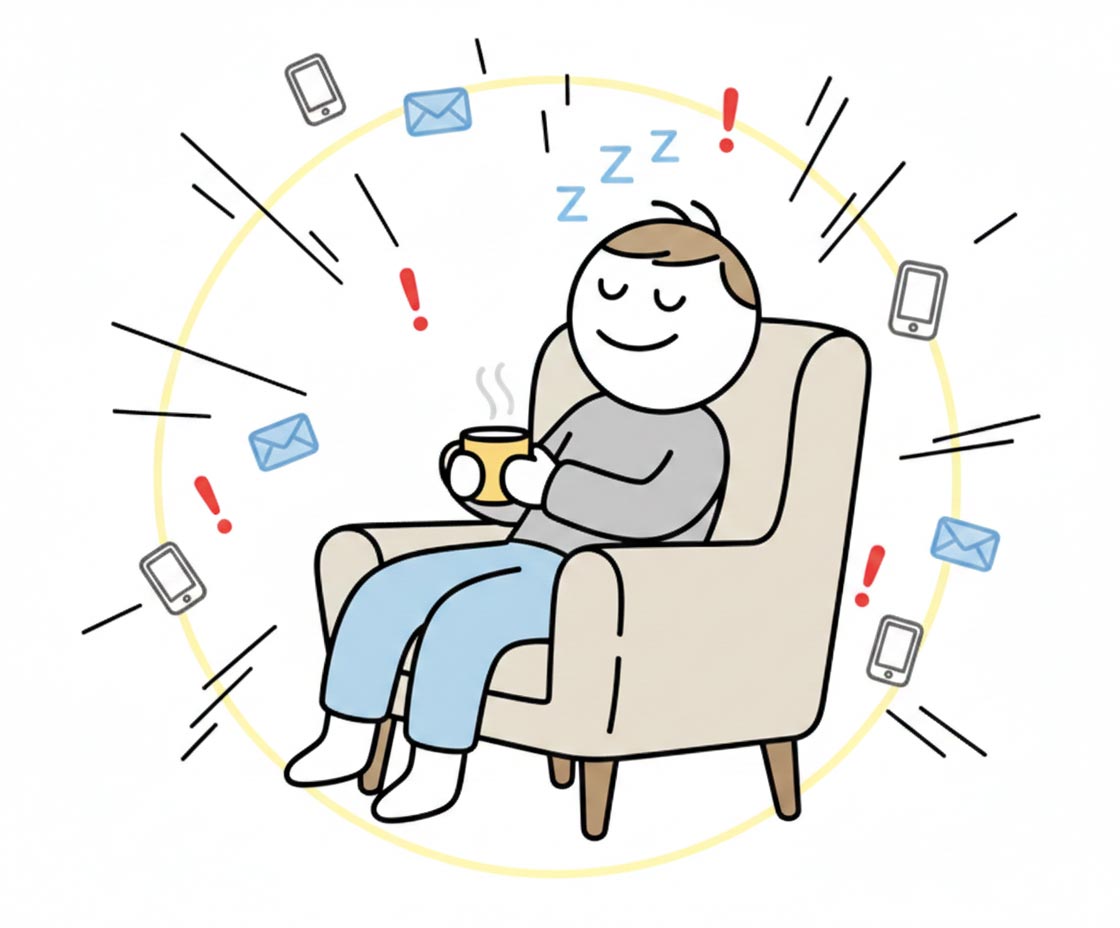 Eine minimalistische Strichzeichnung zur Veranschaulichung von JOMO, bei der eine Person durch bewusstes Weglassen innere Ruhe findet.