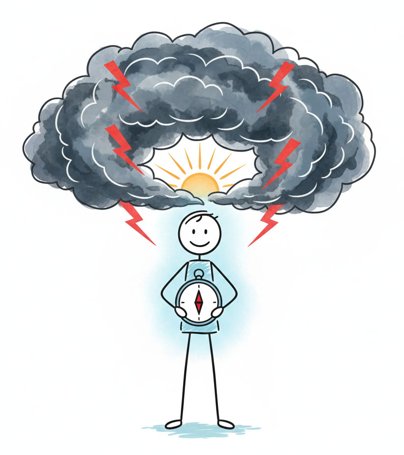 Strichzeichnung zum Thema Konfliktgespräche führen: Souveränität im emotionalen Sturm.