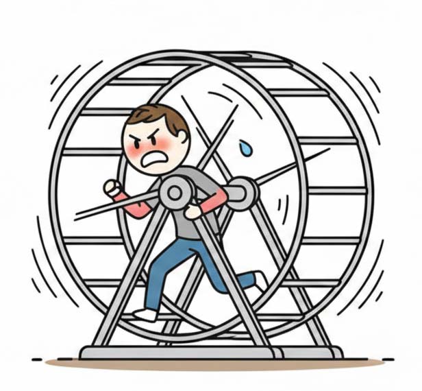 2.Minimalistische Strichzeichnung zum Thema Lebenssinn finden: Ausbruch aus dem Hamsterrad hin zum schöpferischen Wirken.