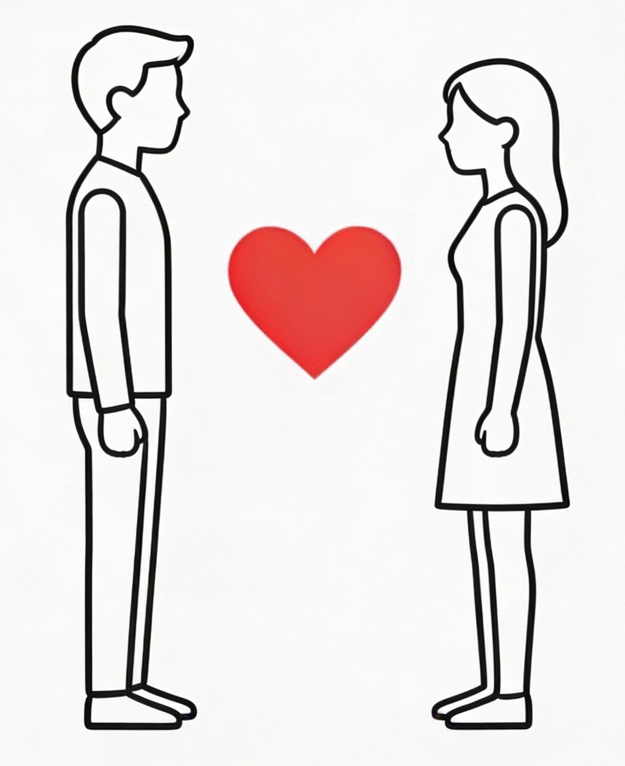 Strichzeichnung: Liebe ohne Ego. Ein paar steht sich gegenüber. In der Mitte ein rotes Herz