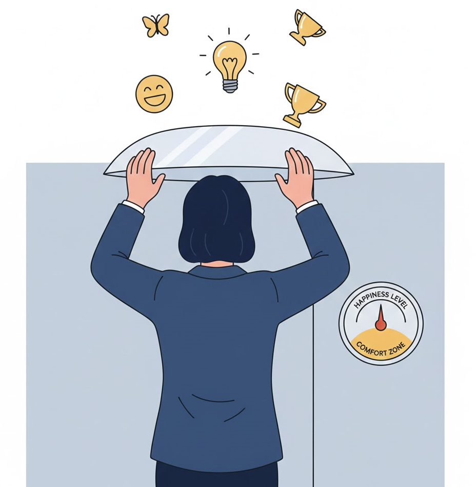 Illustration Oberlimit-Problem: Eine Person drückt gegen eine gläserne Decke, während ein Thermostat auf „Komfortzone“ steht.