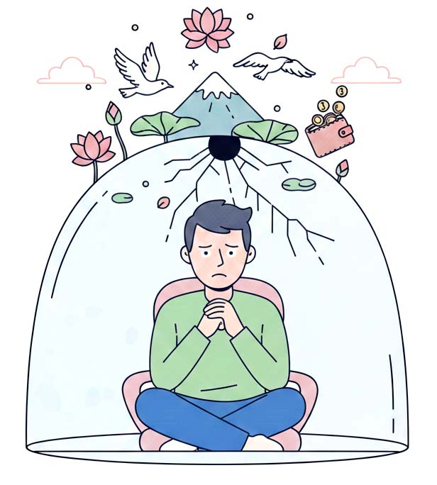 Eine minimalistische Strichzeichnung zeigt eine Person, die unter einer gläsernen Kuppel (Oberlimit-Problem) sitzt. Über der Kuppel sind Symbole für Erfolg, Glück und Fülle sichtbar, die für die Person aufgrund ihrer inneren Barriere unerreichbar scheinen.