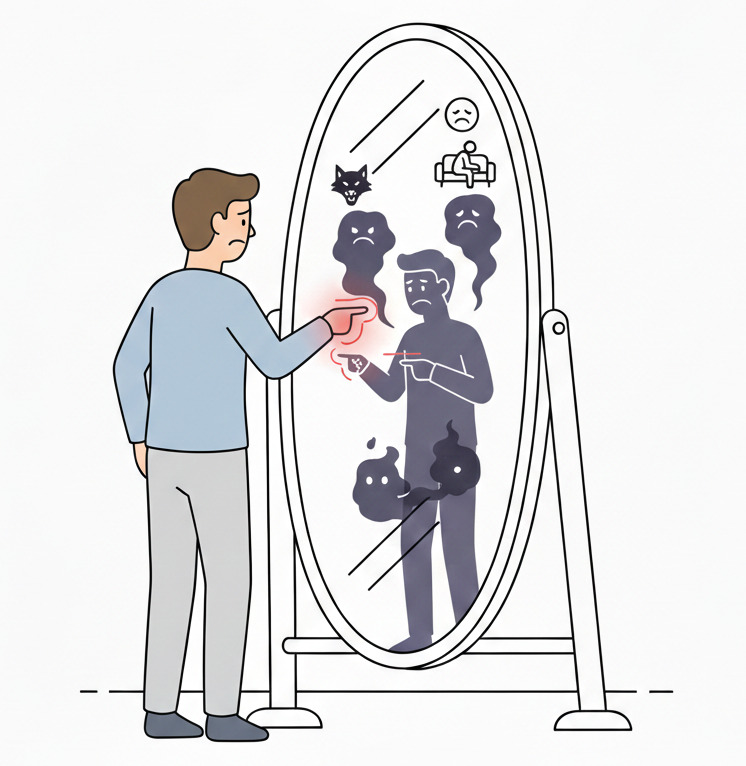 Minimalistische Zeichnung einer Person, die in einen Spiegel blickt und darin ihre eigenen Schattenanteile sieht. Die Grafik hilft dabei, psychologische Projektionen erkennen zu können.