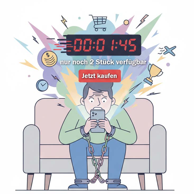 Eine einfache Strichzeichnung zeigt eine Person, die gestresst auf ihr Smartphone starrt, während die Psychologie der Verknappung durch einen tickenden Countdown und „Nur noch 1 verfügbar“-Warnungen Druck ausübt.