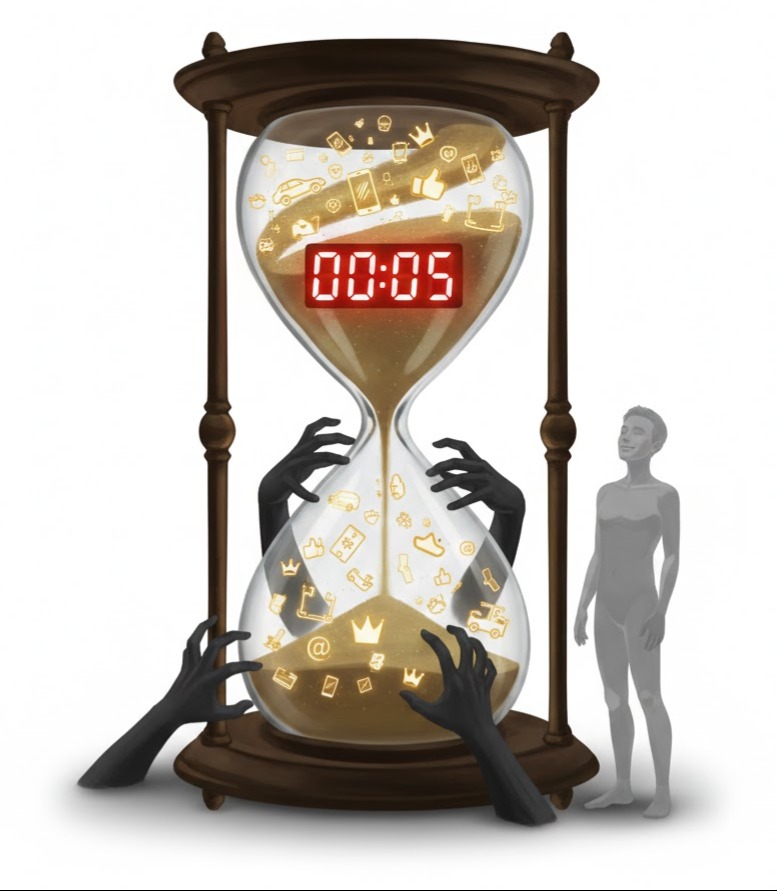 Psychologie der Verknappung Ego-Trigger Psychologie der Verknappung: Eine Sanduhr, in der statt Sand kleine Geldscheine und Icons von Einkaufswagen nach unten rinnen, während eine Hand panisch versucht, die Öffnung zuzuhalten.