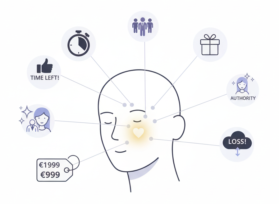 Eine Illustration zur Erkennung der Psychotricks der Werbung zeigt ein menschliches Gehirn, an dem feine, fast unsichtbare Fäden (wie bei einer Marionette) befestigt sind, die von Werbesymbolen gezogen werden, 