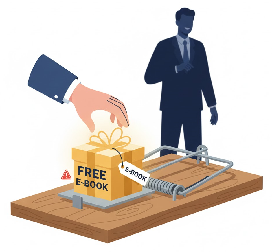 Reziprozität: Eine Illustration zeigt eine Person, die ein kleines "Gratis"-Geschenk hält, während an ihrem Handgelenk eine unsichtbare goldene Kette befestigt ist, die zu einem Verkäufer führt.