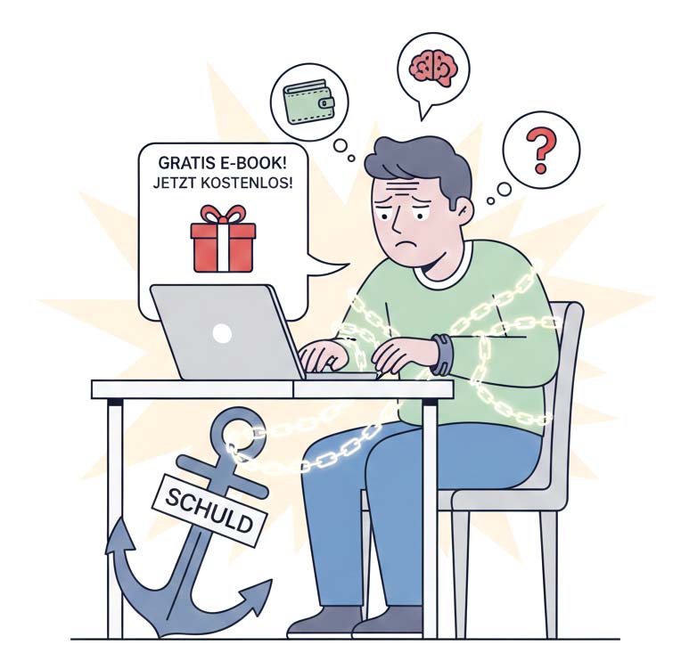 Eine minimalistische Strichzeichnung zeigt eine Person an einem Laptop, die durch ein Gratis-Geschenk unbewusst mit Ketten und einem schweren Anker namens „Schuld“ an den Schreibtisch gebunden ist.