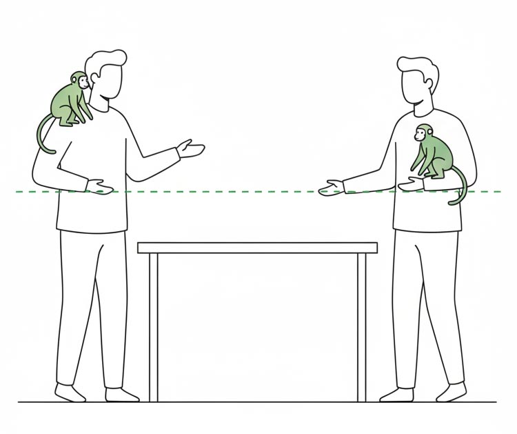 rückdelegation-vermeiden---Affen-Effekt Zeichnung von zwei Personen, die sich gegenseitig Aufgaben delegieren wollen und Delegieren ohne Angst symbolisiert