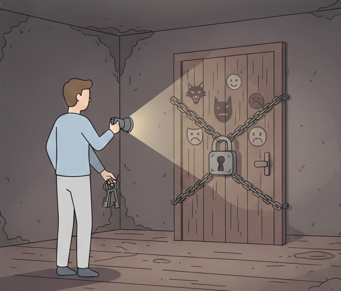 Eine einfache Strichzeichnung einer Person, die auf einer Falltür zum Keller steht, aus der ein dunkler Schatten hervorschaut. Symbolbild für die Verdrängung und das spätere Projektionen erkennen in der Psychologie.