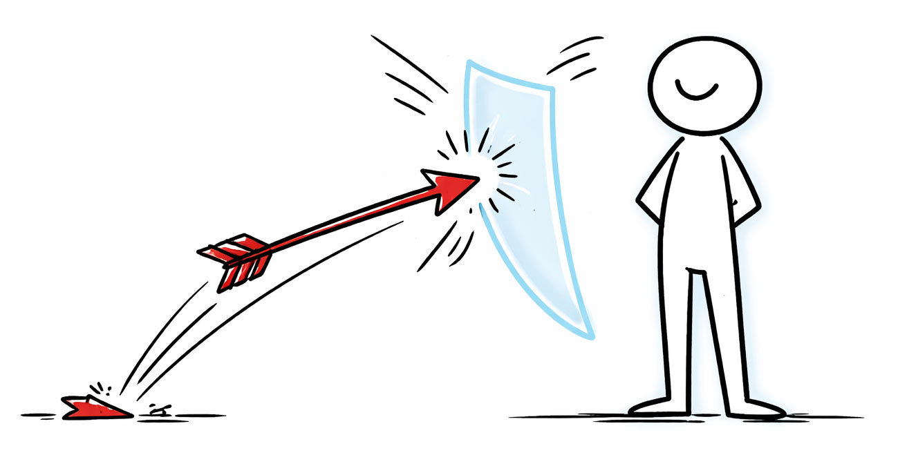 Minimalistische Strichzeichnung zum Thema Schlagfertigkeit trainieren: Ein verbaler Angriff prallt an einer souveränen Person wirkungslos ab.