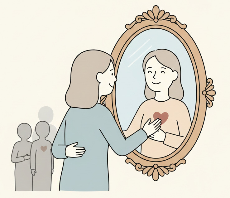 Eine minimalistische Illustration einer Person, die ihre eigene Maske oder einen Schattenanteil ablegt und dadurch Klarheit gewinnt. Symbolbild für das erfolgreiche Projektionen erkennen und die Integration des Egos in der Partnerschaft.