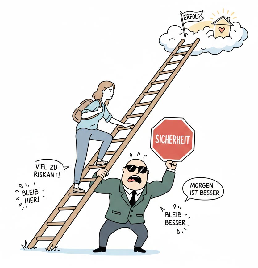 selbstsabotage-ueberwinden-bodyguard-grafik Eine Person möchte eine Leiter zum Erfolg erklimmen, während ein kräftiger Bodyguard sie am Hosenbein festhält. Thema: Selbstsabotage überwinden.