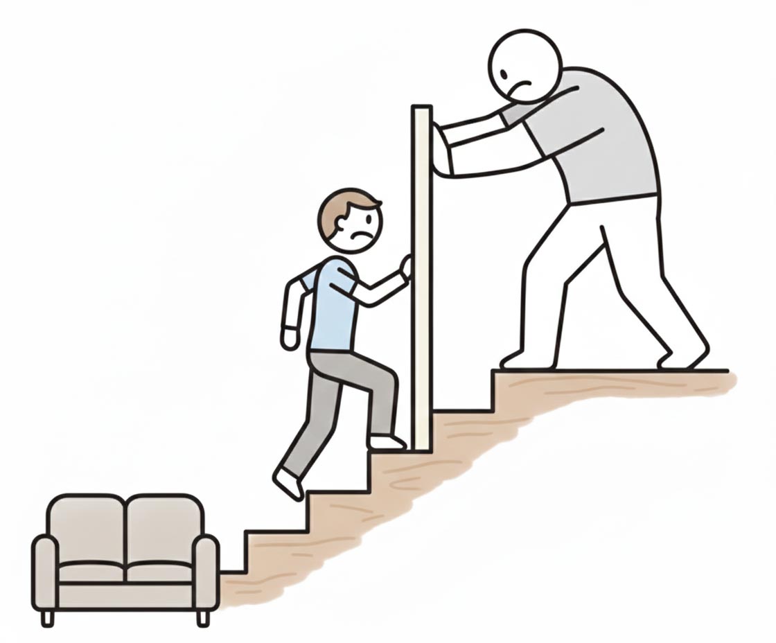 selbstsabotage-ueberwinden-bodyguard-stoppt-wachstum Eine Strichzeichnung zeigt, wie der innere Bodyguard eine Person aktiv daran hindert, die Treppe zum Erfolg zu steigen, um Selbstsabotage zu überwinden.