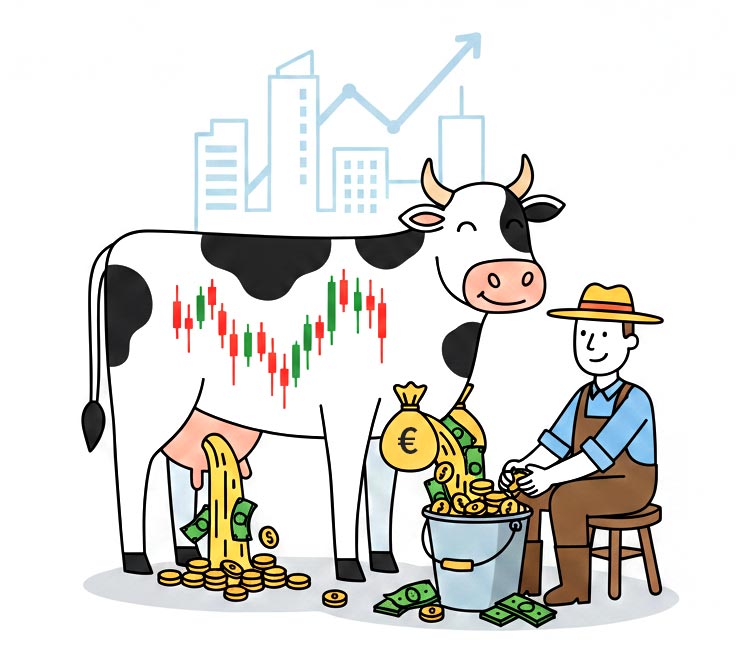 Souverän investieren: Ein entspannter Investor melkt eine Kuh, die den Aktienmarkt symbolisiert, während Geld in einen Eimer fließt. Auf der Flanke der Kuh ist ein Chartverlauf als Brandzeichen zu sehen.