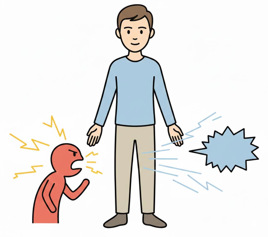 souveraene-kommunikation-ego-meisterung Strichzeichnung einer Person, die durch souveräne Kommunikation und innere Ruhe einem aggressiven Ego gelassen begegnet.