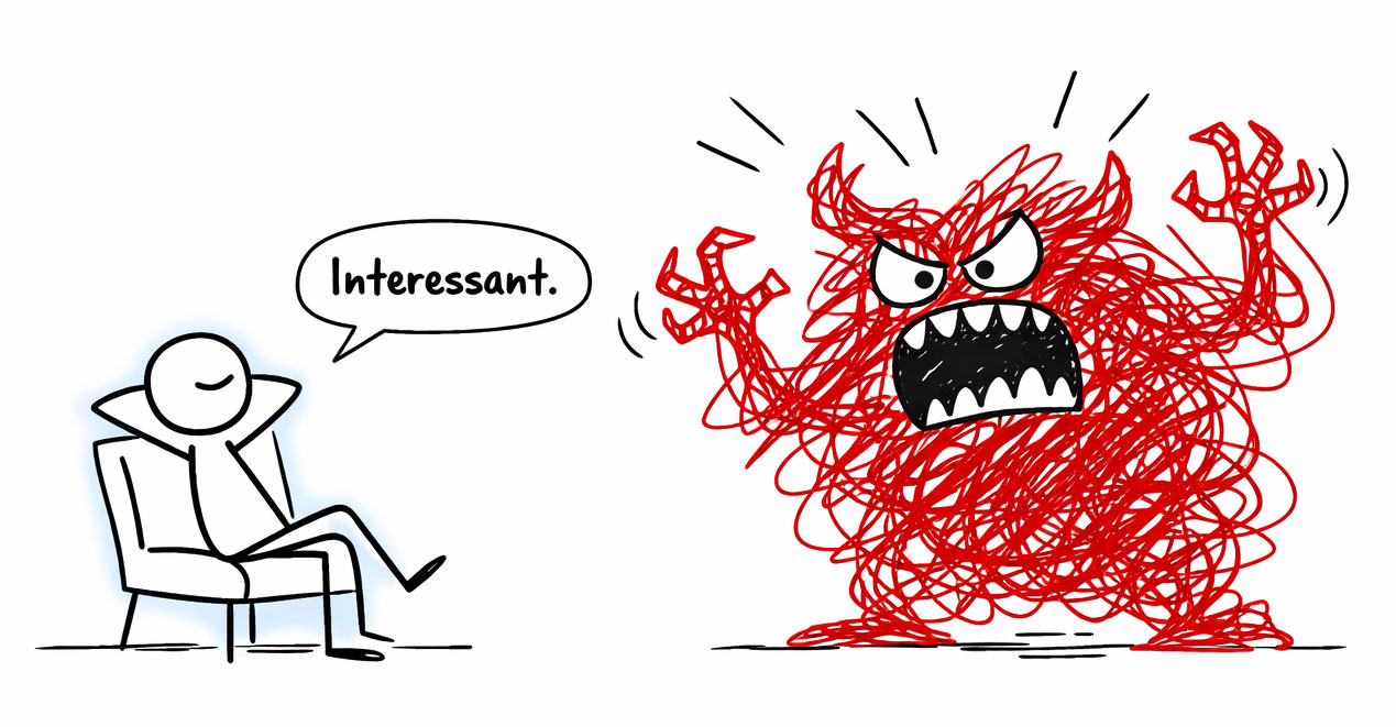 Strichzeichnung zu souveräne Kommunikation: Innere Ruhe gegenüber einem schreienden Ego.