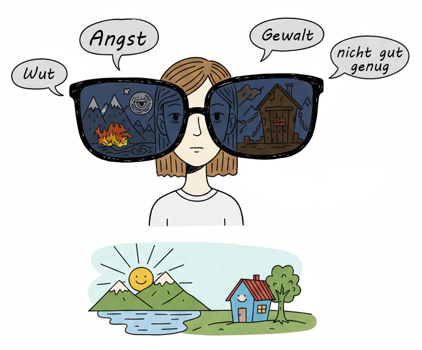 Weg zur Freiheit: Eine Strichzeichnung zeigt eine Person mit einer großen Brille. Die Gläser zeigen eine düstere Welt mit den Worten 'Angst' und 'Wut', während die reale Welt darunter hell und freundlich mit einer Sonne dargestellt ist.