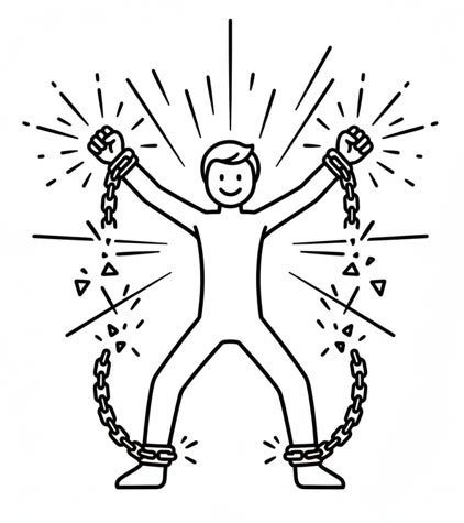 Weg zur Freiheit: Eine minimalistische Strichzeichnung zeigt eine Person, die sich von den Ketten des Ego befreit