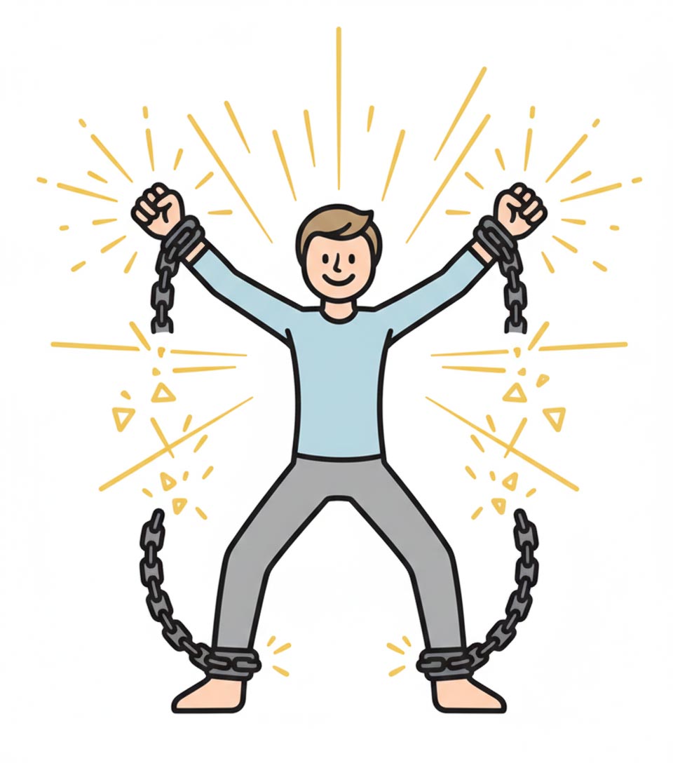 weg-zur-freiheit-illustration-befreiung Weg zur Freiheit: Eine minimalistische Strichzeichnung zeigt eine Person, die sich von den Ketten des Ego befreit